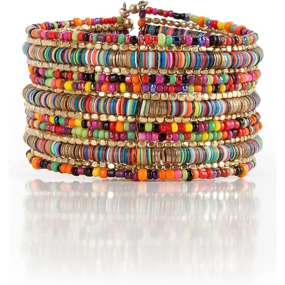 Boho Colorful Multi-Layer Heishi & Gold Bead Wrap Bracelet - Trendy Chunky Bangl - Picture 1 of 7